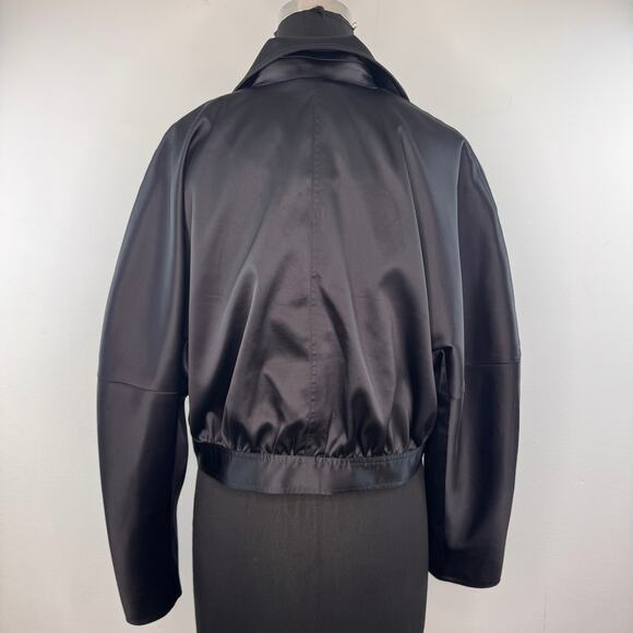 GANNI Satin Black Bomber Jacket Long Sleeve Front Button Straight Hem Size 38 - Picture 6 of 10